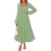 MEROKEETY Women's 2025 Long Sleeve Fall Dress Square Neck Smocked Flowy Tiered Casual Maxi Dresses with Pockets
