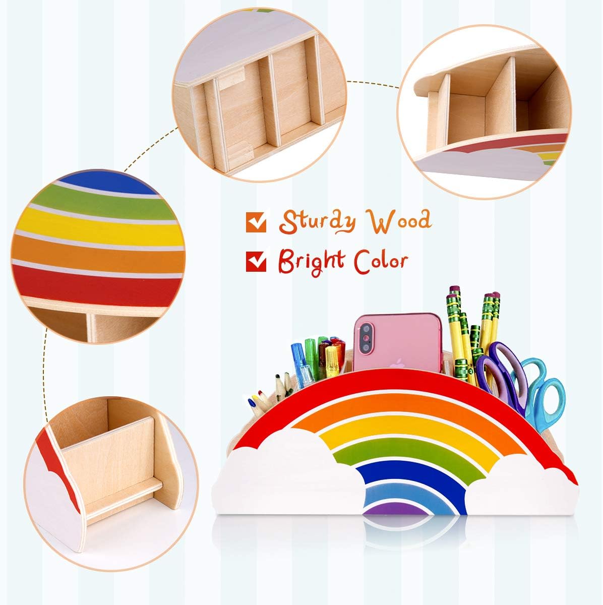 Gamenote Wooden Pen Holder & Pencil Holders - Rainbow Supply Caddy Phone Holder Desk Organizer for Office Supplies Makeup Brush Classroom Organization for Women & Kids: Home Improvement