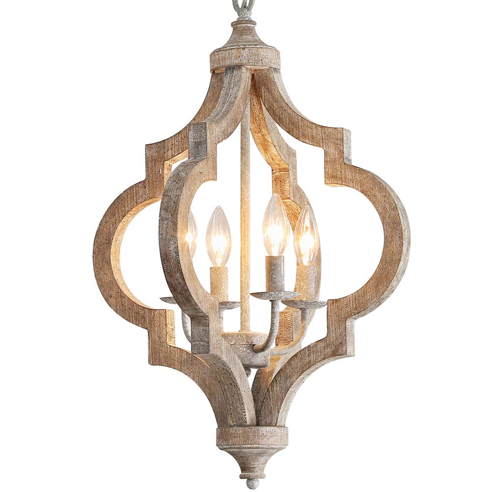 Antique Wood and Metal Chandelier Ceiling Pendant Light 4 Candle Holder Lights Retro Vintage Industrial Rustic Hanging Ceiling Lamp Light Fixture for Home decor-D16"x H23.9"