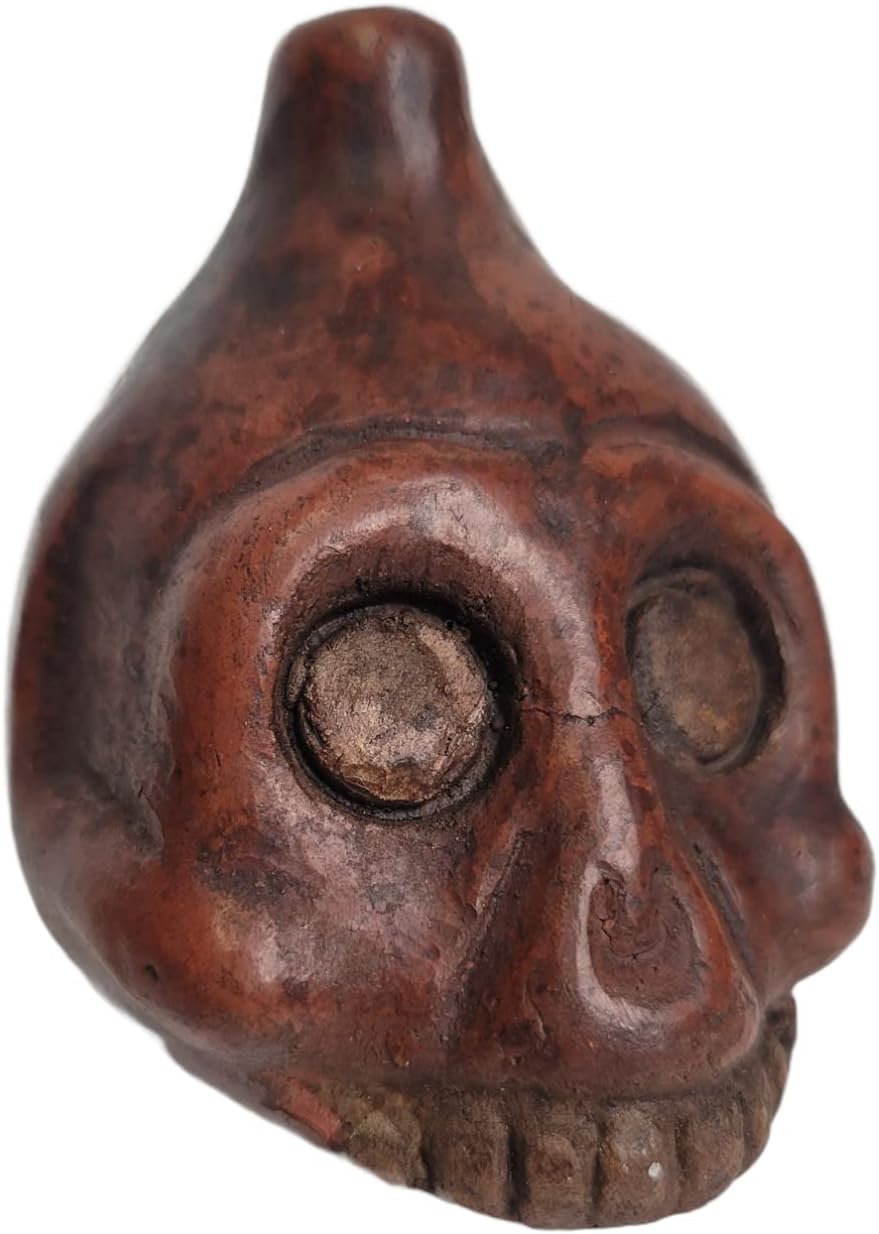 Mixed Media - Half Skull Ghost Whistle, Small Size, Loud, Handmade Clay Aztec Replica, Death Whistle (Red)