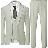 WULFUL Men's 3 Piece Slim Fit Suit Set Two Button Blazer Jacket Vest Pants Tuxedo Set for Party, Wedding and Business
