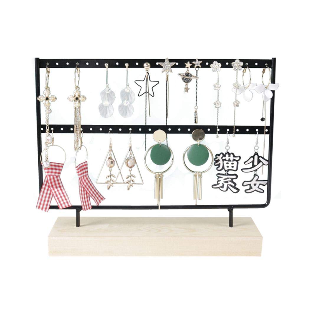 ASHATA Hanging Jewelry Organizer 46 Holes, Table Top Earrings Holder Necklace Display Stand Jewellery Rack, Pendant Rack with Wood Base（Black）