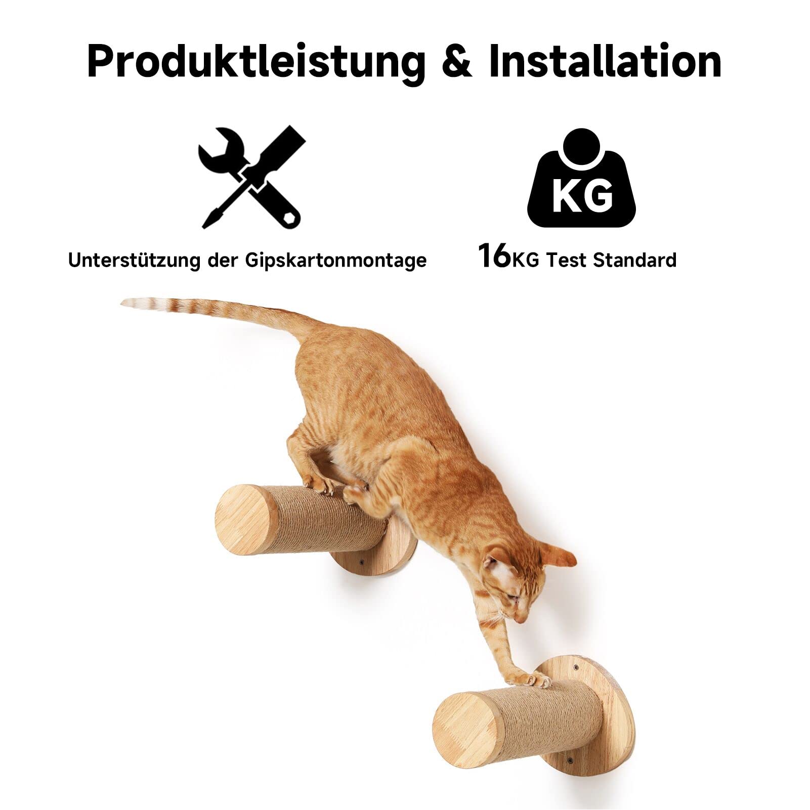 FUKUMARU Katzentreppe Wand, Kletterstufe (2er-Pack), massives Gummibaumholz, Ø 9 x L30 cm Sisal-Pfosten, Wandmontage Jute-Kratzäulen, DIY Kletterwand Katzen 3