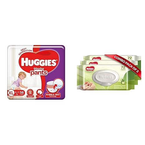 Huggies Wonder Pants Diapers, Extra Large (56 Count) & Huggies Baby Wipes - Cucumber & Aloe, Pack of 3 (216 Wipes)
