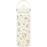 KEWIXY 18 oz Water Bottle with Straw, Leak Proof, Insulated Stainless Steel with Handle, Reusable, Metal, Backpack-side Fit (Floral Ivory)