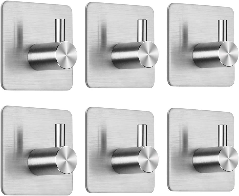 [6 Pack] Dohomai Self Adhesive Hook, Wall Hooks, Hats Towel Robe Coat Functional Hooks, Waterproof and Rustproof, Max 5kg, Stick-up Stainless Steel Hooks for Kitchen Bathrooms Lavatory Closets