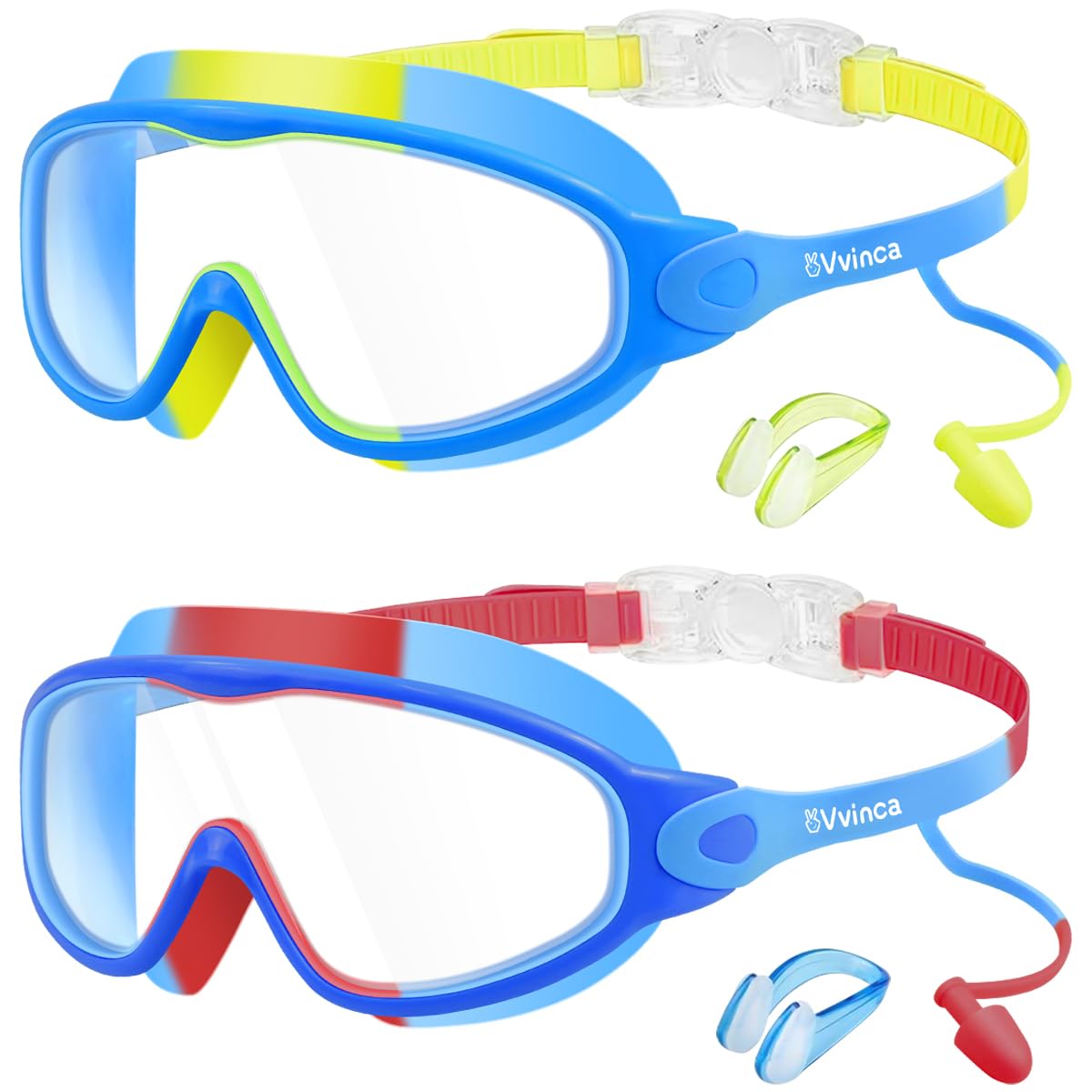 Vvinca Swim Goggles, Kids Goggles with Earplugs& Nose Clip Wide View Anti-Fog/UV Swimming Goggles for Age 3-15 Boys Girls