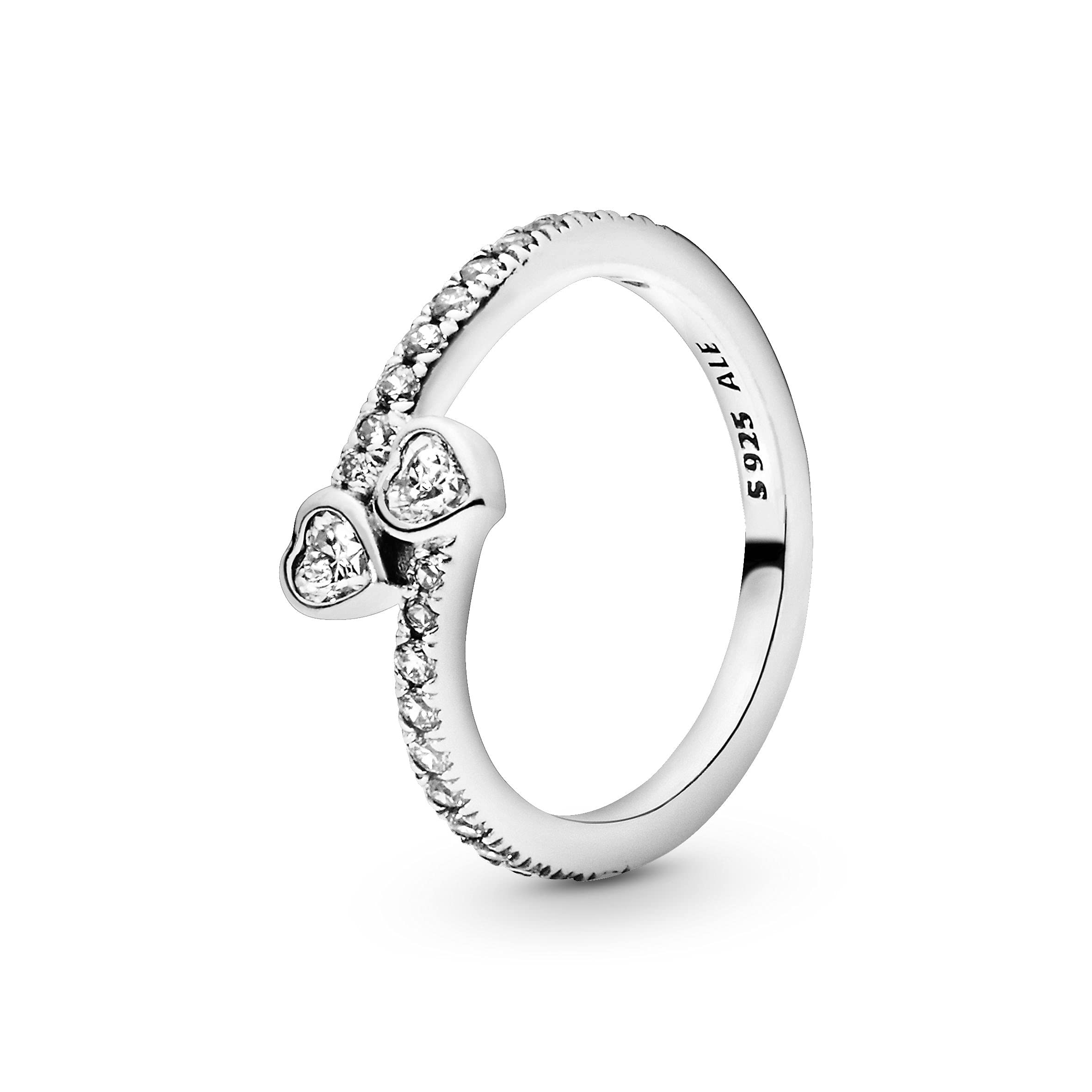 PANDORA Moments Women's Sterling Silver Two Sparkling Hearts Cubic Zirconia Ring, Size 52, No Box