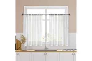 MRTREES Short Sheer Curtains 36 inch Length Kitchen Tier Curtains Light Filtering Rod Pocket Voile Cafe Curtains for Basement Bathroom Small Half Window (2 Panels, 34" W x 36" L, Off White)