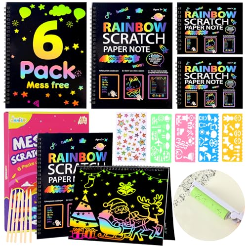 JMMICO 6 Packs Rainbow Scratch Notebook, Scratch Art for Kids with Reusable Cleaner Tool, Halloween Crafts for Kids, Stocking Stuffers, Art Supplies, Christmas Gifts for 4 5 6 7 8 9 Year Old Girl Boy