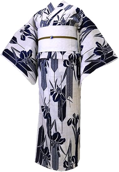 Amazon 着物美人 浴衣 4点セット 綿麻 変り織り 女浴衣 浴衣女性 半幅帯白 帯締め 帯留 浴衣帯 帯付き 浴衣セット 街着 女性用 M F L 155 165 オフ白 紺 菖蒲 浴衣 通販