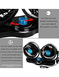 WIOR 12V 5 pulgadas Ventilador de aire de doble cabeza para automóvil Ajuste de rotación libre de 360 ??° Ventilador para automóvil de enfriamiento del vehículo del automóvil Potente, silencioso Potencia de 2 velocidades Rotativo Ventiladores para autos e