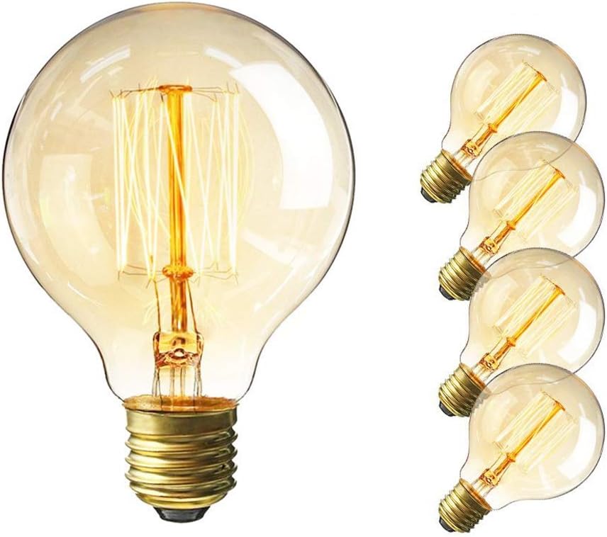 LAKES Vintage Edison Bulb, 60W Retro Incandescent Light Bulb E26 Medium Screw Base, G25 / G80 Classic Amber Glass Incandescent Filament Lamp,360 Degre Beam Angle, 4 Pack