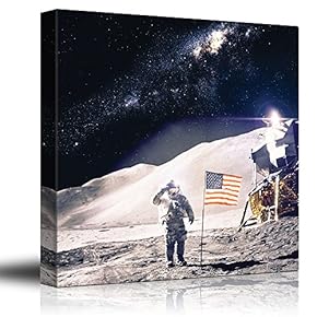 Astronaut in Outerspace Saluting and Adding The USA Flag on The Moon - Canvas Art Home Art - 12x12 inches