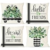 PANDICORN Black Buffalo Plaid Green Eucalyptus Leaves Pillow Covers 16x16 Set of 4, Farmhouse Truck Mason Jar Decorative Throw Pillows Cases, Spring Summer Decorations for Home Couch Sofa