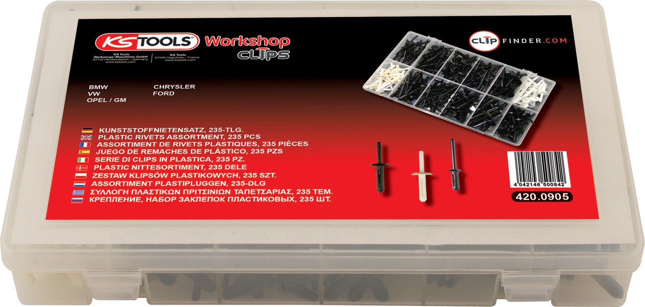 KS Tools 420.0905 Trim Clips Assortment Plastic Rivets (235 Pieces)