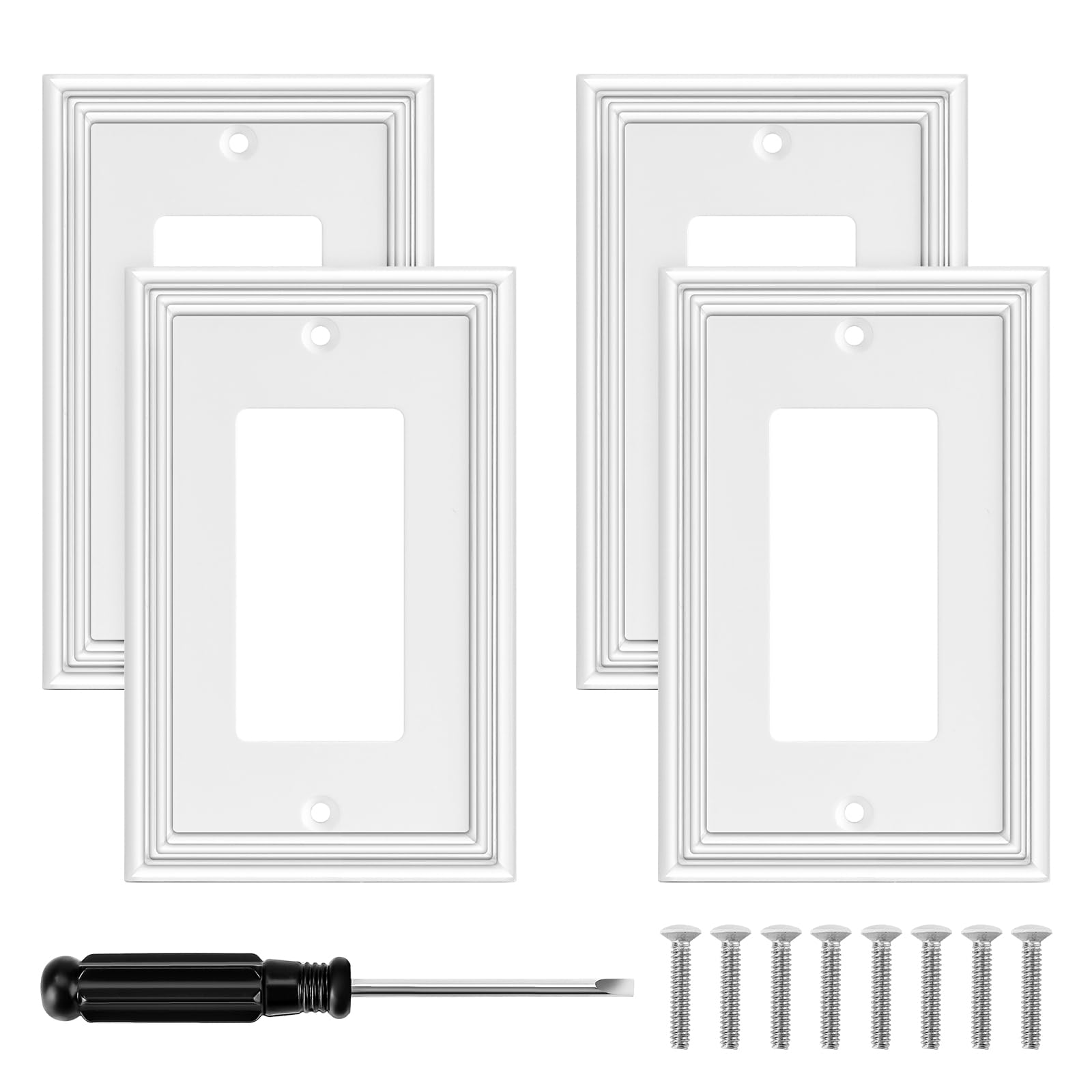 Photo 1 of White Modern Decorative Wall Plate Light Switch Cover Decorator Outlet Covers Rocker Switch Plates Bamboo Fiber Material Wall Plates for Kitchen Bathroom (1 Gang Single Decorator-4 Pack)