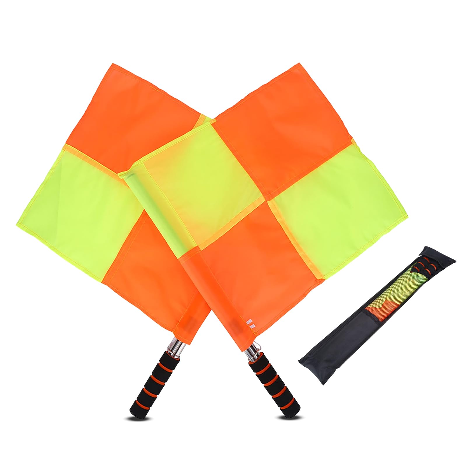ZAWELIYO 2PCS Referee Linesman Flag, Waterproof and Portable Soccer Referee Flag Set with Yellow Orange Checker Style and Sponge Handle for Soccer, Football and Hockey Games