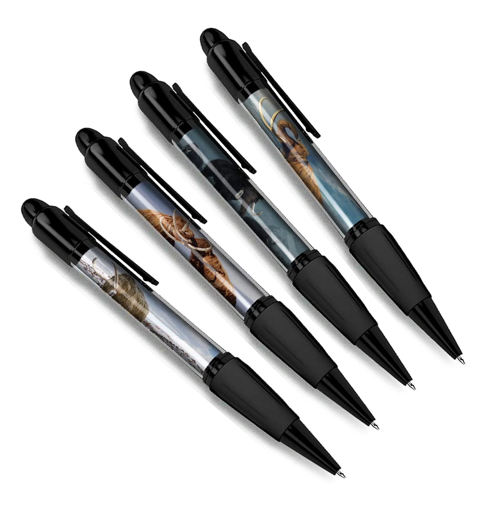 DV DESIGN Set of 4 Woolly Mammoth Black Ballpoint Pens - Ancient Animal Nature Wildlife Travel Portrait Boys Girls Men Women Theme Pen #79484