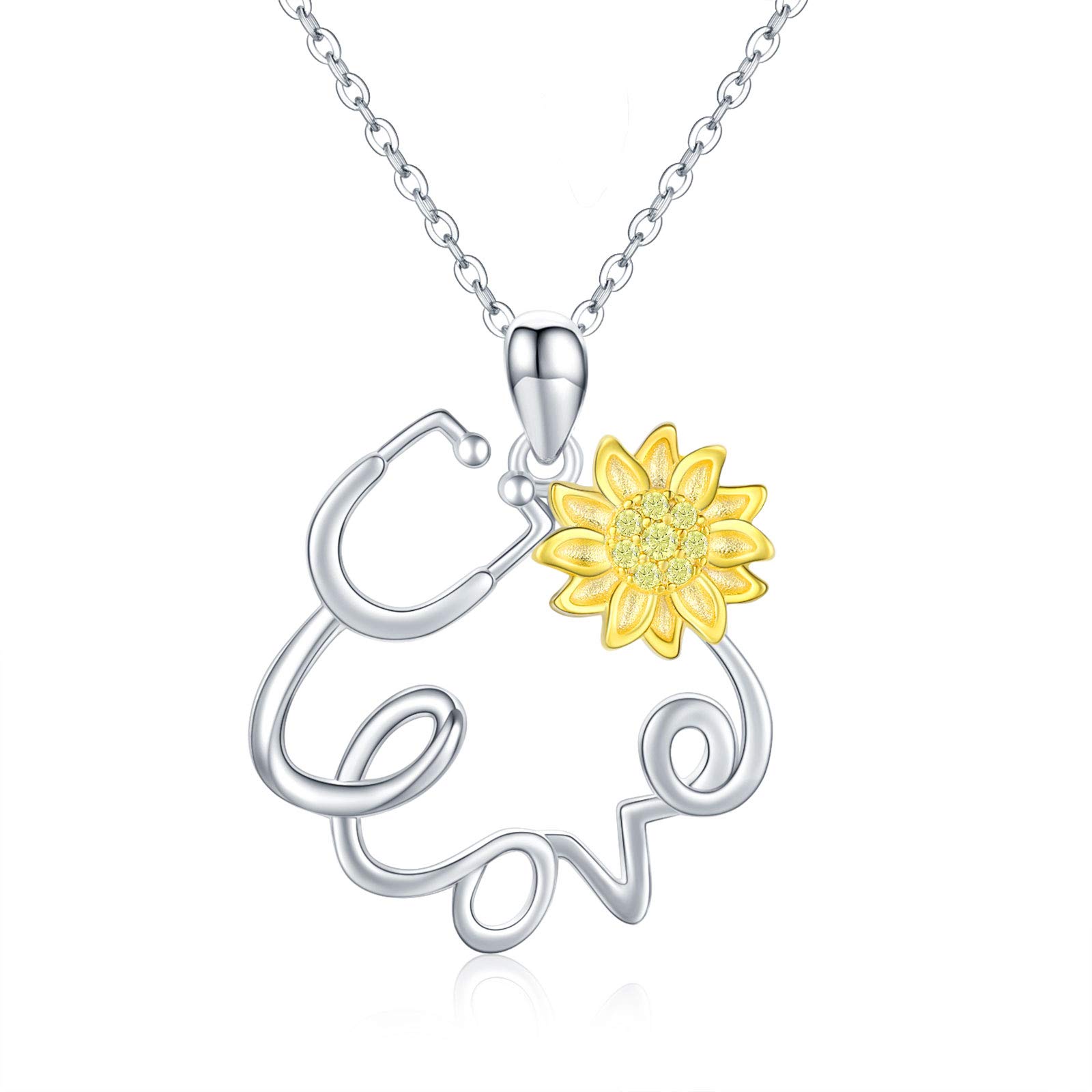 ECHOOY Sunflower Necklace 925 Sterling Silver Stethoscope Flower Pendant Necklace for Women Nurses day Gifts for Mother Grandmother Mom Daughter Mother's Day
