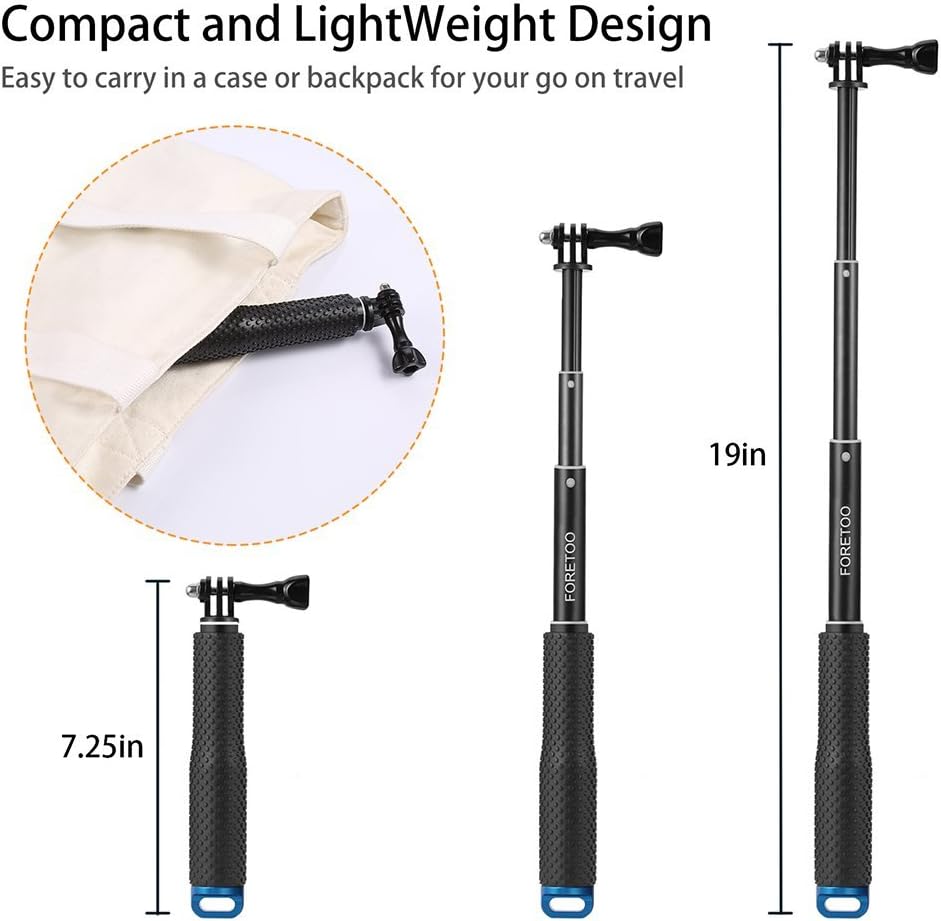 Foretoo Selfie Stick for GoPro,19”Waterproof Hand Grip Adjustable Extension Monopod Pole for Gopro Hero 6 5 4 3+3 2 1 AKASO, Xiaomi Yi,SJCAM SJ4000 SJ5000 SJ6000 (with Wrist Strap and Screw)