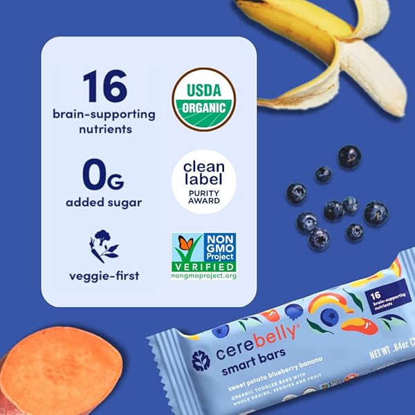 CEREBELLY TODDLER BARS – ORGANIC SWEET POTATO BLUEBERRY BANANA SMART BARS | HEALTHY SNACK FOR KIDS | 16 BRAIN-SUPPORTING NUTRIENTS, GLUTEN FREE, NUT FREE, NO ADDED SUGAR | BABY SNACKS | PACK OF 5