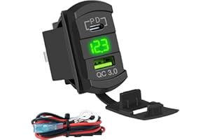 FXC Rocker Switch Style USB Charger With 10A Fuse for Panel - 4.2A PD Type C 12V 24V Fast Quick Charge Socket Dual Charging Port for Car Boat ATV UTV (Type C + USB Voltmeter Green)