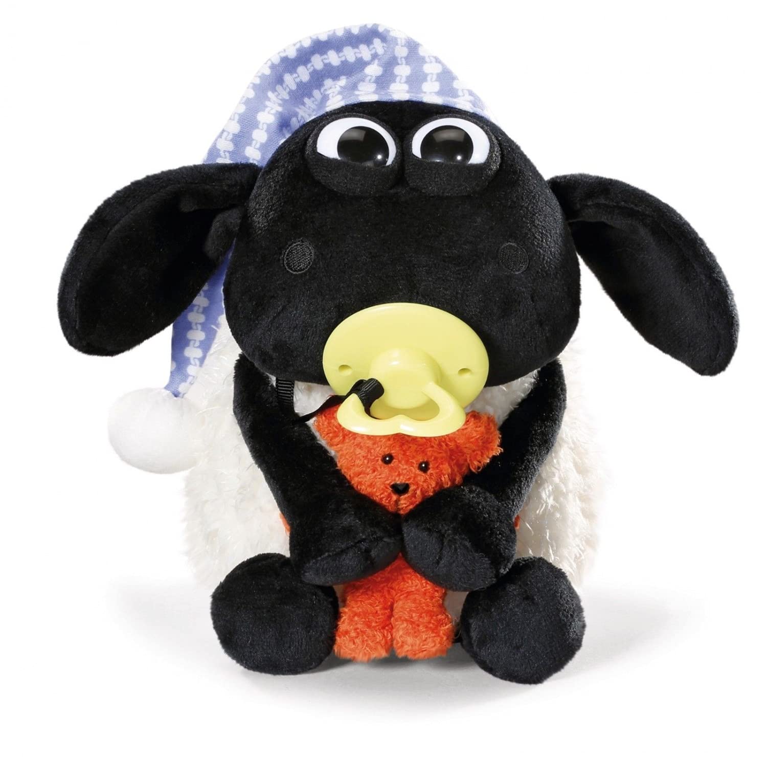 NICI 41470 Shaun The Sheep Sheep Cuddly Toy Timmy with Small Bear, Dummy and Sleeping Cap, 25 cm, Colour: White/Black