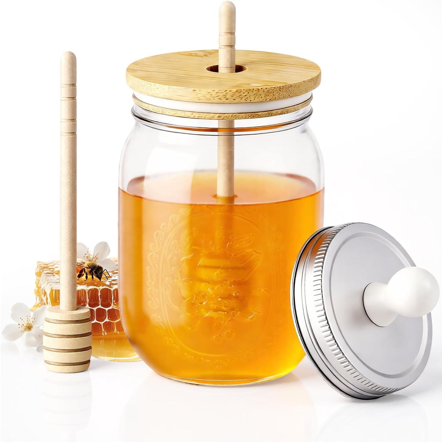 Photo 1 of *******stock photo for reference only*****Honey Pot 18oz Glass with Dipper and Lid, Honey Jar with Wooden Honey Dippers, Maple Syrup Dispenser, Wide Mouth Honey Containers - Perfect Bee Decoration for Home Kitchen
