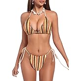 ChiaoLezhee Women's Boho Colorblock Striped Bikini Sets, Crochet Textured Halter High Cut 2 Piece Swimsuit, Beach Vacation