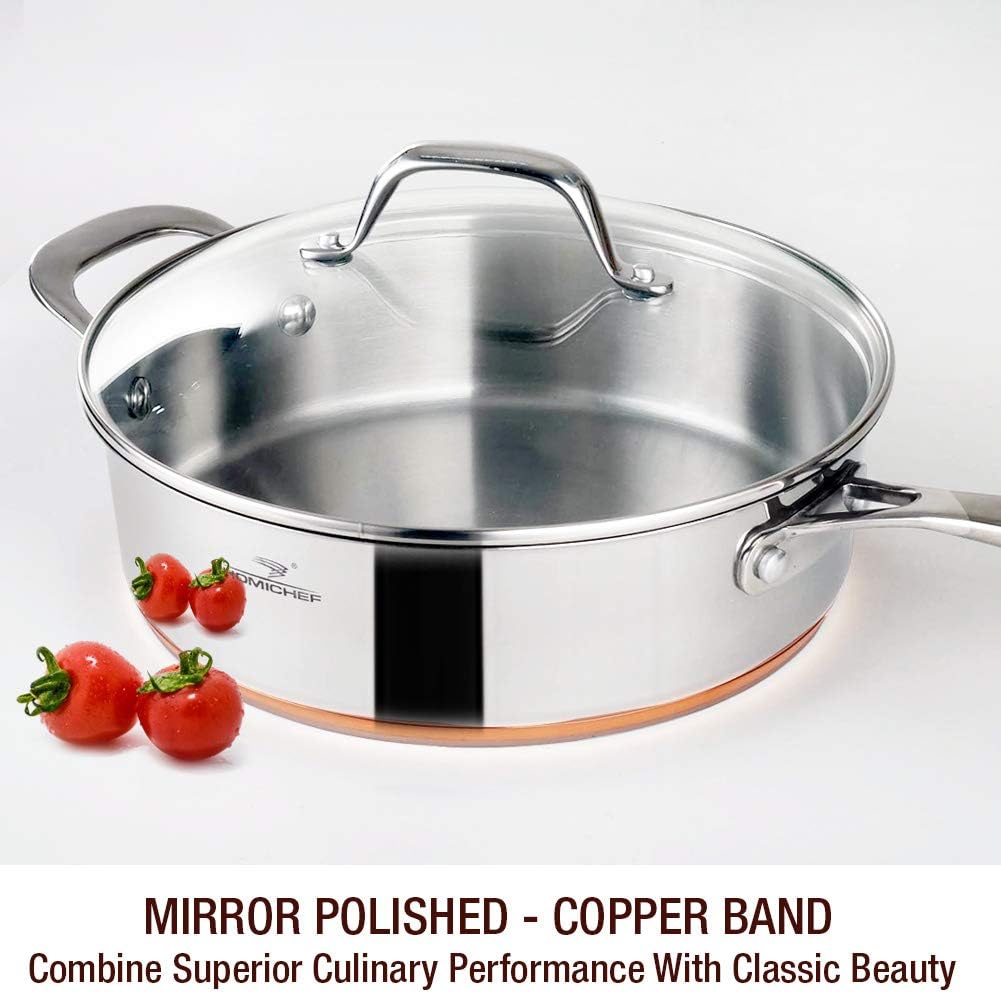 HOMICHEF 9.5 Inch Nickel Free Stainless Steel Saute Pan With Lid Induction Oven Safe - Premium Mirror Polished Copper Band Stainless Steel Pan With Glass Lid - 2.5 Quart Non Toxic Cookware Pans: Kitchen & Dining