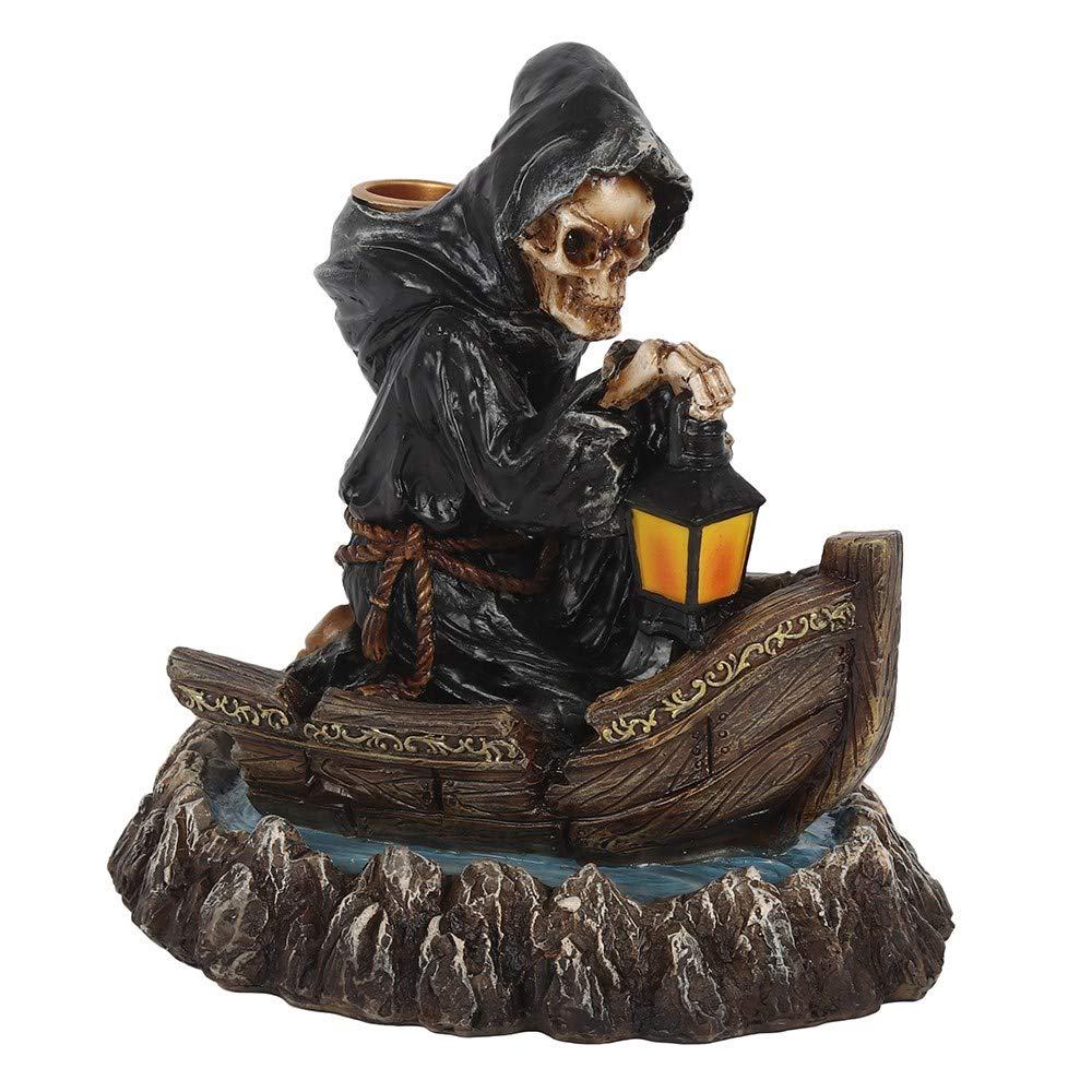 Majestic Black & Bown Grim Reaper Boat Backflow Incense Burner -17cm x 13cm (1 Pc.) - Unique & Eye-Catching Design - Enhance Relaxation & Meditation, Premium Resin - Ideal for Artistic Home Decor