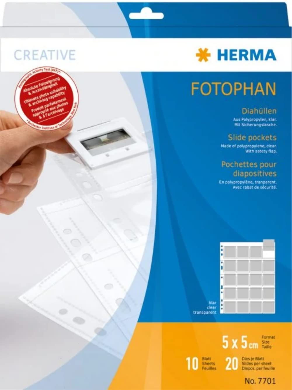 HERMA 7701 Slide Sleeves for Framed Slides, Pack of 10, 5 x 5 cm, 20 Compartments, Clear, Visible on Both Sides, Fotophan Photo Covers, Collecting Sleeves with Euro Holes for Slide Archiving, — image 1