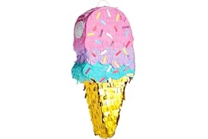 BLUE PANDA Ice Cream Pinata for Birthday Party Decoration & Ice Cream Party Favors - Small Cardboard, 16.4 x 7.6 x 2.9 In, Pink, Blue & Yellow