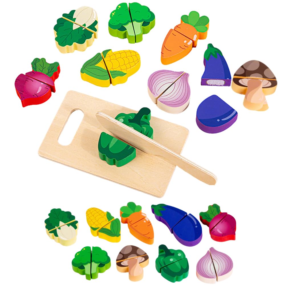 Wooden Toy Food Set for Kids Kitchen Vegetable Cutting Play Pretend Play Food Toy with Wooden Knife & Magic Tape Design Montessori Learning Gift for Boys Girls 3+