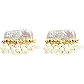ELEXIS 18k Gold Baroque White Big Pearl Drop Earrings For Women Handmade Trendy Comfy Real Freshwater Pearls Aesthetic Dangle Earrings Engaged Wedding Bridesmaid Hanging Jewelry