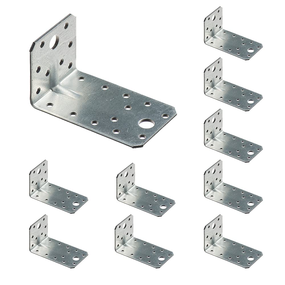 VHG Angle Brackets for Wood Pack of 10 (90 x 50 x 55 x 2) - Heavy Duty Corner Braces, Metal L Shape With Beading, Galvanised Steel Sheet 90 Degree, Reinforced Fixing Connectors