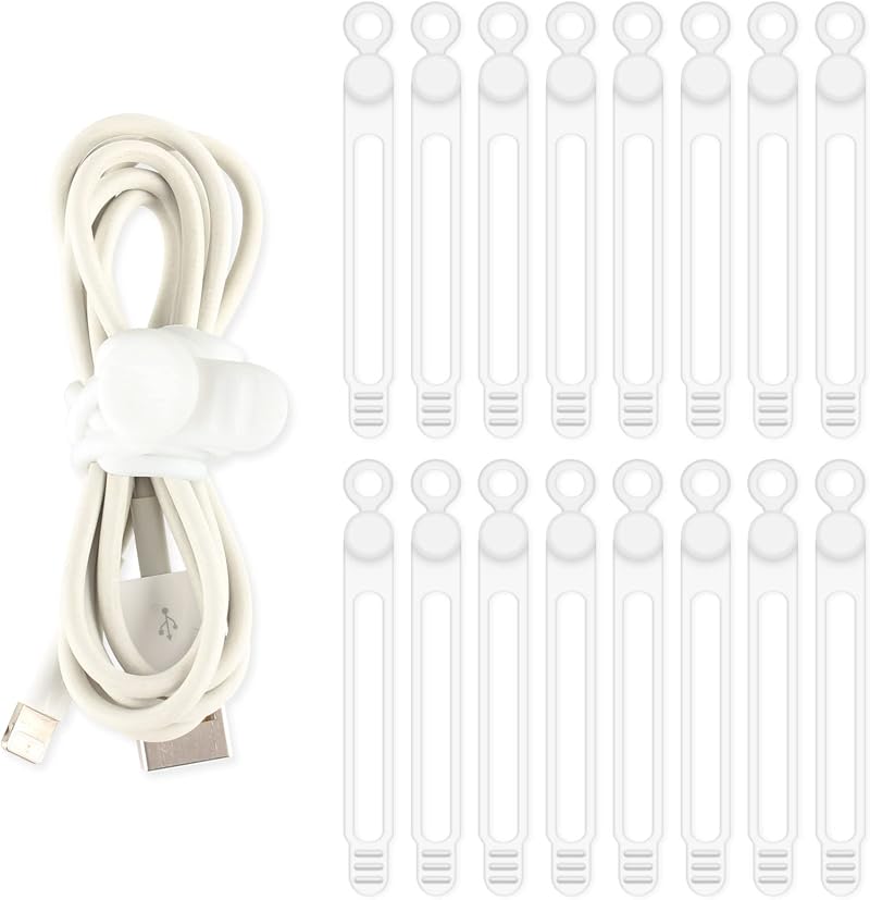 TamBee Reusable Silicone Cable Ties 16pcs White Wire Organizer