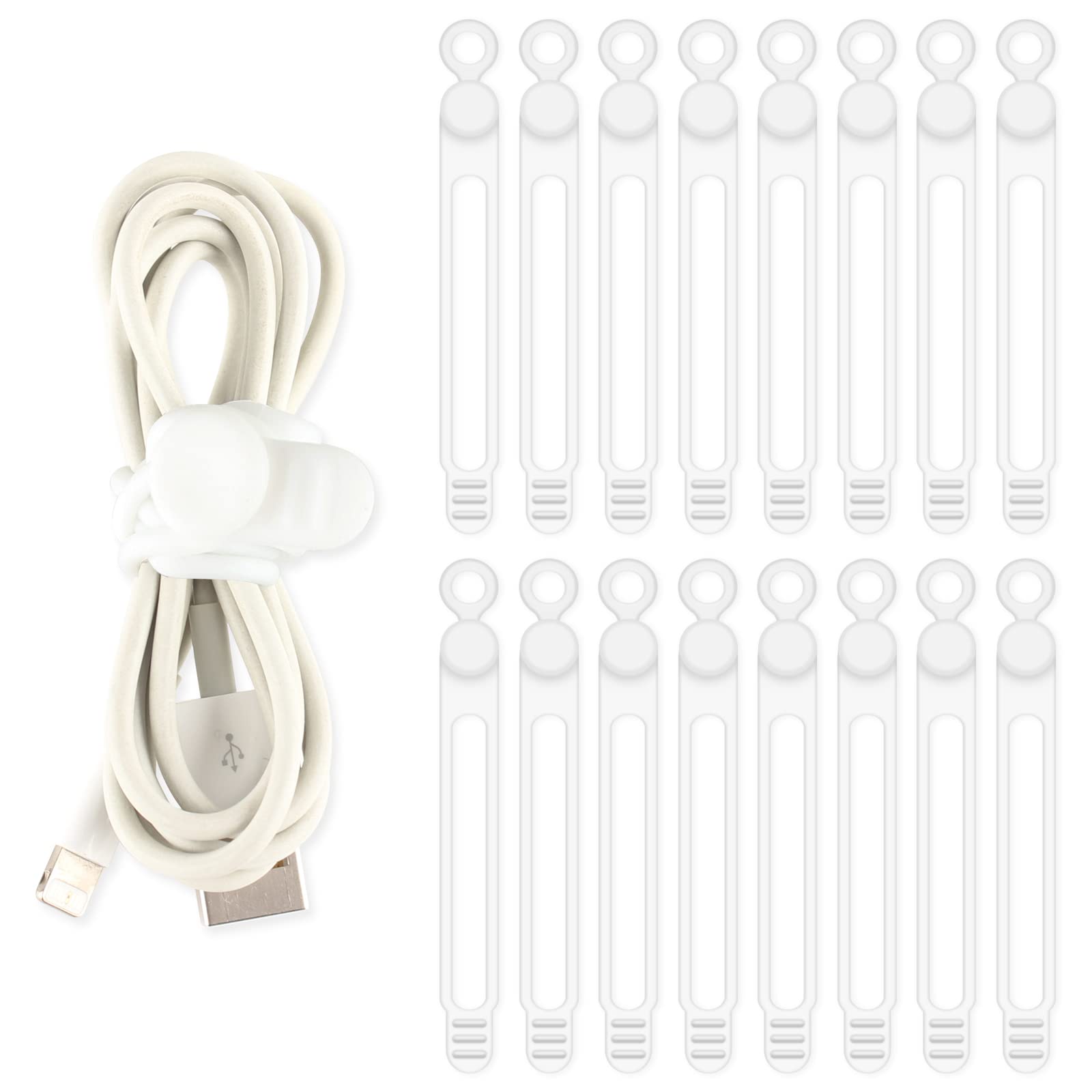 TamBee Cable Ties Reusable Silicone Cable Straps 16pcs White Cable Wire Ties Cable Cord Organizers for Earphone Phone Charger Audio Cable Computer (White)