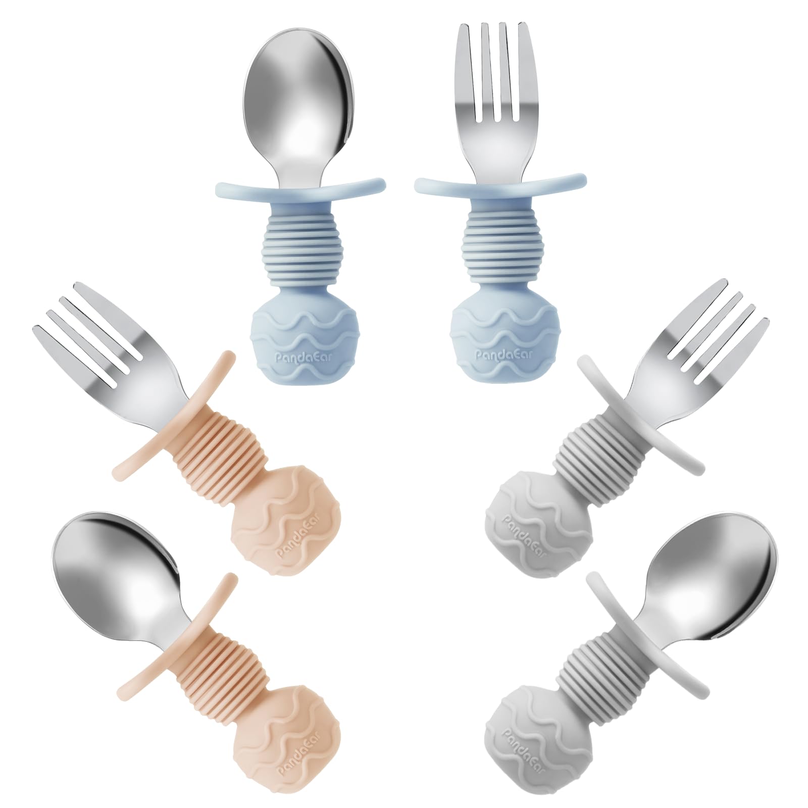 PandaEar 6 Pack Stainless Steel Toddler Spoons and Fork Feeding Set - Anti-Choke First Self Feeding Utensils for Kids Baby Boys Led Weaning Ages 18 Months+ (Blue/Grey/Peach)
