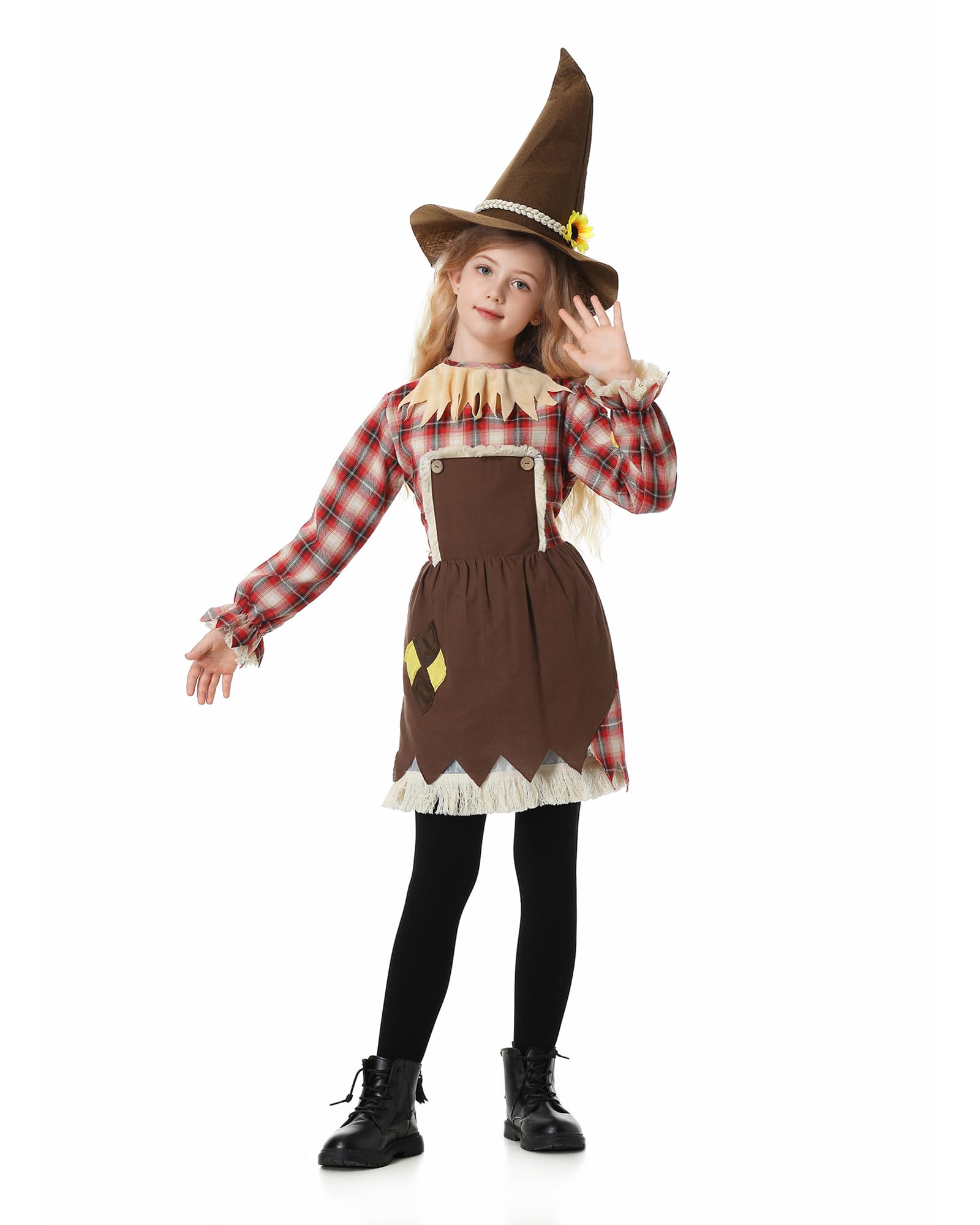 maxToonrain Kids Scarecrow Costume Girls 2 PCS Long Sleeve Scarecrow Dress with Sunflower Straw Hat for World Book Day Halloween Christmas (Large, 8-10 Year)