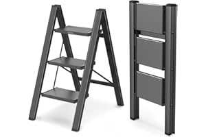 WOA WOA Step Ladder, Portable Lightweight Home Ladder, Folding Step Stool with Widening Pedals, Kitchen Stepladder, Space Save, Easy to Store, 300 lbs Capacity (3 Step, Black)