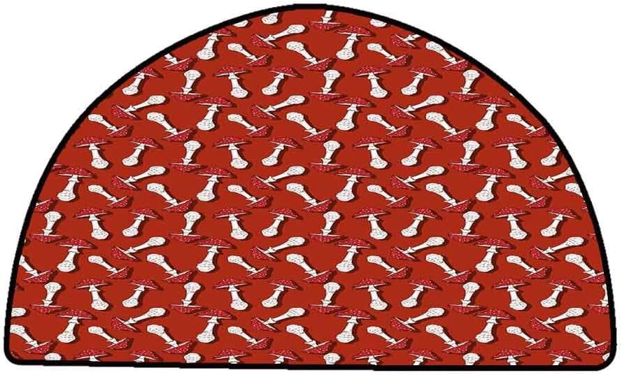 Indoor Super Absorbs Doormat Mushroom,Autumn Pattern with Amanita Muscaria Psychedelic Food Forest Woodland,Burnt Sienna Red White,W35 x L24 Half Round Modern Abstract Area Rug