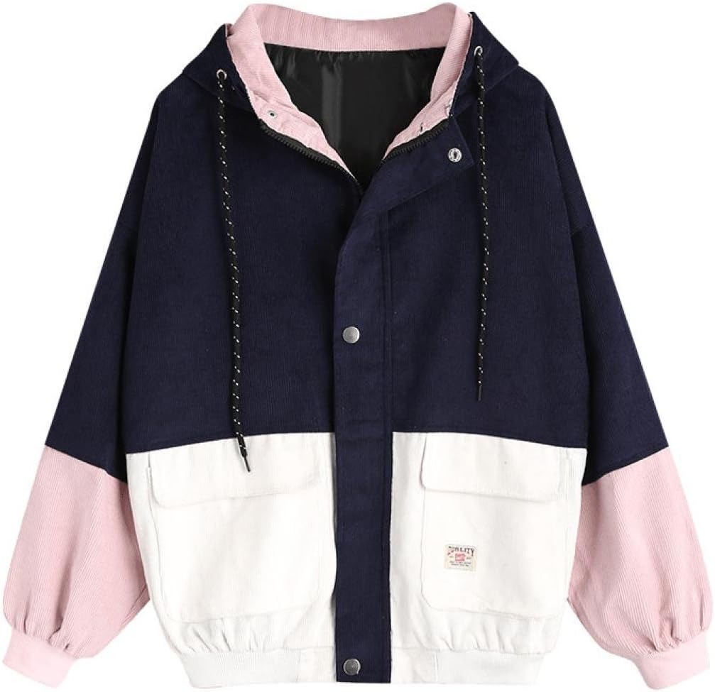 Quistal women coatWomen Corduroy Coat, Quistal Hoodie Long Sleeve Patchwork Oversize Jacket Windbreaker Overcoat Casual Tops Hoody with Zipper Pockets for Women Girls Plus Size UK 8-16