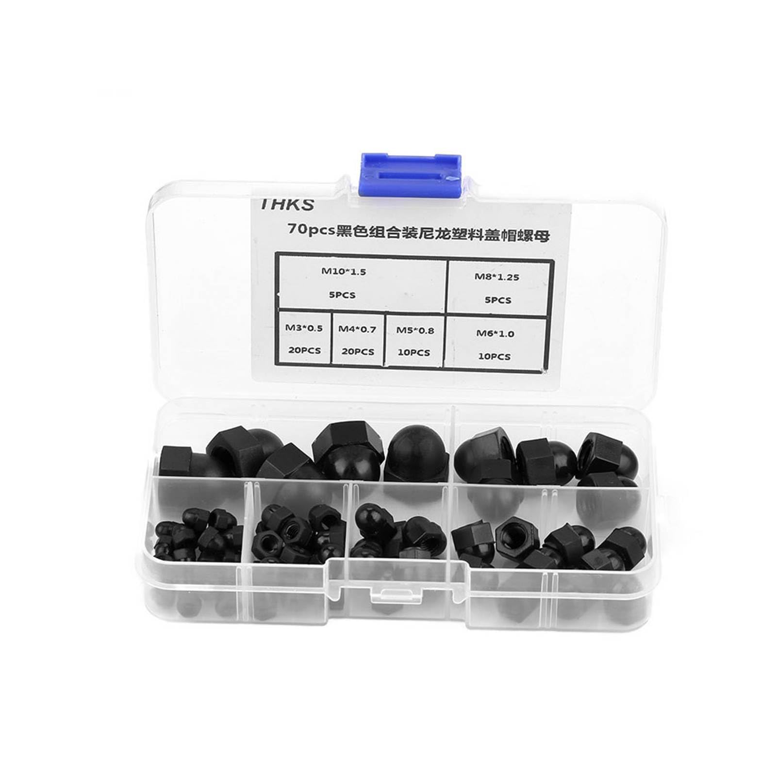 70pcs Nylon Acorn Hex Nuts Set M3/M4/M5/M6/M8/M10for Fastening Machiner Furniture Parts(Black)