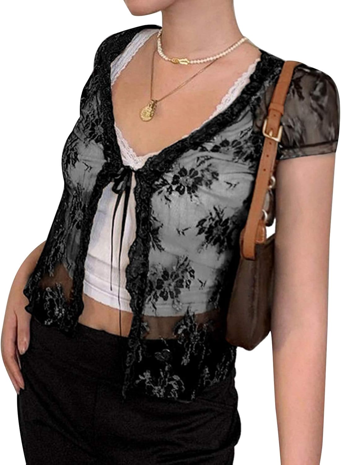 Women Casual Lace SeeThrough Tops Short/Long Sleeve Tie Up