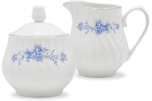Sugar and Creamer Set - Porcelain Sugar and Creamer Floral Vintage Tea Set with Silver Trims & Embossed Swirls - Exquisite Fine China Tea Set for Parties & Celebrations - Royal Rose Set by Lynns