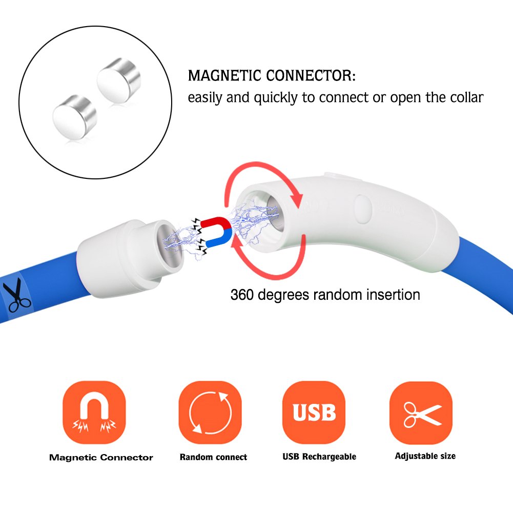 Fashion&cool Led Dog Collar,Magnetic Connector,USB Rechargeable Glowing Pet Dog Collars for Night Safety,Water Resistant Light up Collar for Small,Medium,Large Dogs(Blue)