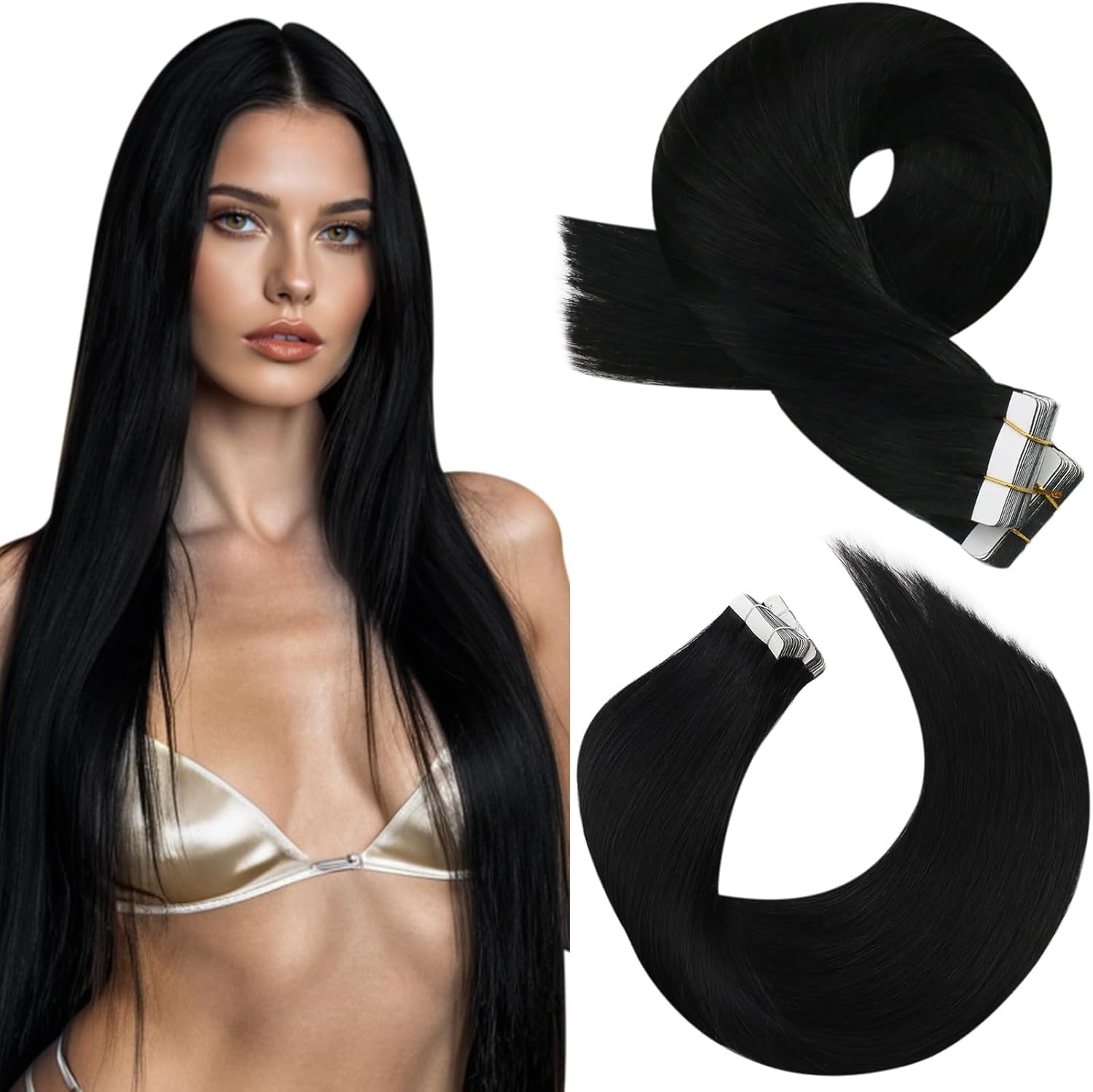 Moresoo Tape in Hair Extensions Human Hair Black Human Hair Extensions Tape in Real Hair Jet Black for Women Remy Hair 22 Inch 20 Pieces/50g #1 โ image 1