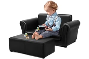 ARLIME Kids Sofa with Footstool, 2 Seat Armrest Children Sofa, Upholstered Couch Chair w/Wood Construction & Backrest, Lounge Set for Preschool Kids, Toddlers, Kid Furniture Set with Ottoman